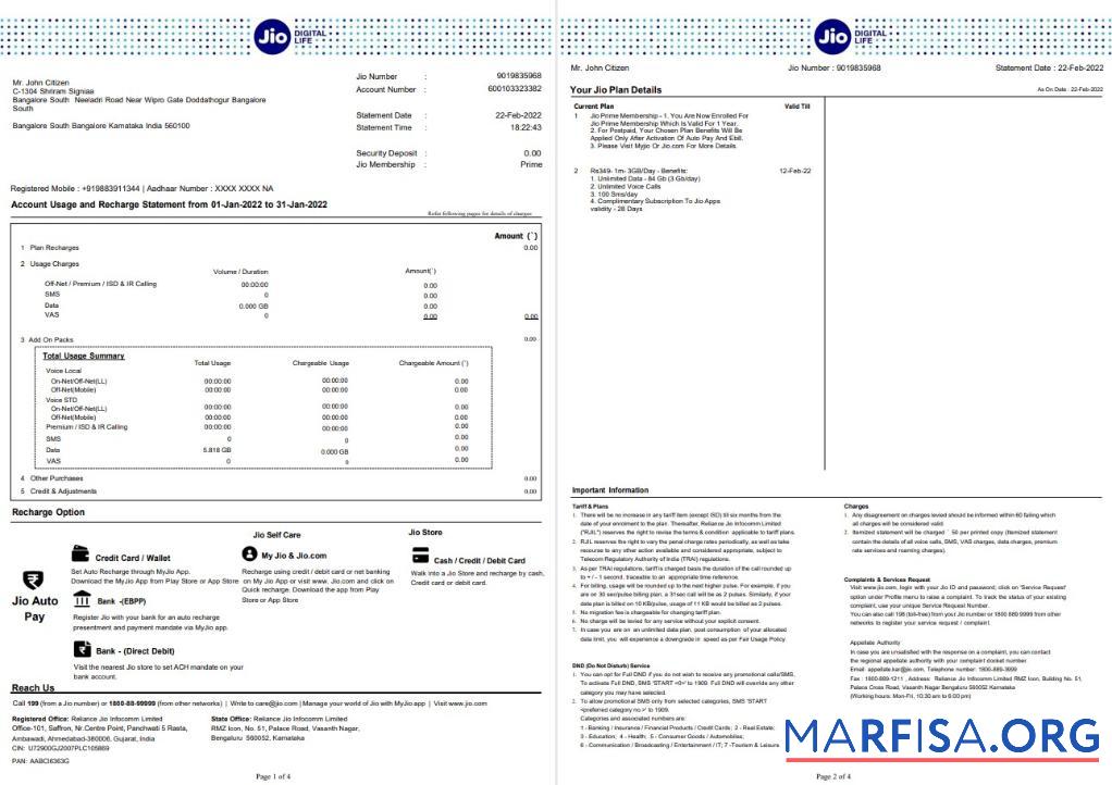 Blank India Jio bank statement word 4 pages template